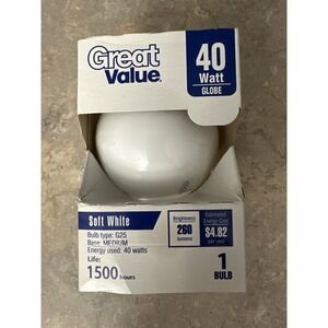 Great Value G25 Globe Light Bulb 40 Watt Soft White Incandescent Vanity NOS New